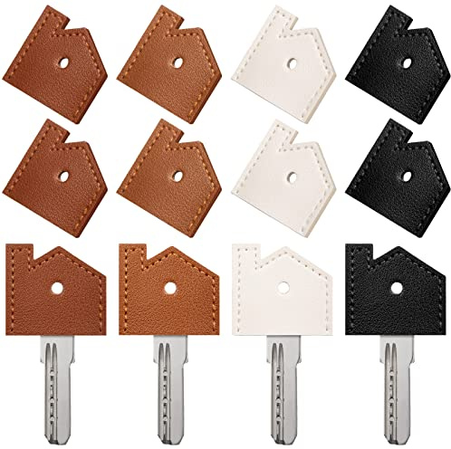 Eccliy 12 Pcs 4 Color PU Leather Key Covers Caps Mini Key Caps Tags Vintage Keychain Organizer Assorted Colors, Easy to Identify (Black, Beige, Light Brown, Dark Brown)