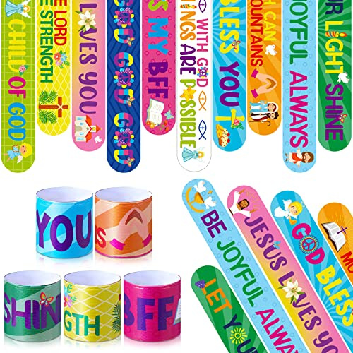 Frienda 40 Pcs Bible Verses Religious Christian Slap Bracelets for VBS Jesus Love You Wristbands Inspirational Motivational Nativity Slap Bracelet Sunday Supplies He Is Risen(Motivational)