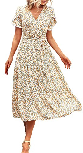 Abito estivo da donna, lunghezza al ginocchio, a maniche corte, casual, girocollo, boho, da spiaggia, estivo, elegante, con stampa floreale, in cotone, vintage, per feste di tutti i giorni, bianco, S
