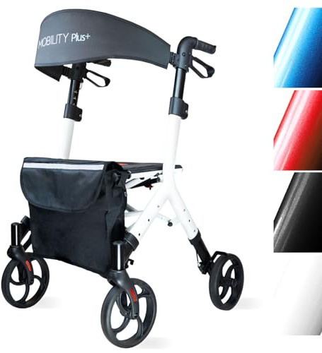 Design Rollator DR10+ Weiß - Indoor Outdoor Rollator - kompakt faltbar | höhenverstellbarer Gehwagen für Senioren inkl. Rückengurt, Tasche & Sitz - innenliegende Bremszüge ohne störende Kabel -