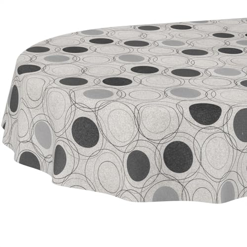 ANRO Tischdecke abwaschbar Kreise Grau oval 180x140 cm Outdoor wetterfest | Tischwäsche aus beschichtetem Stoff – schmutz- & wasserabweisend, pflegeleicht – waschbar bei 30 °C
