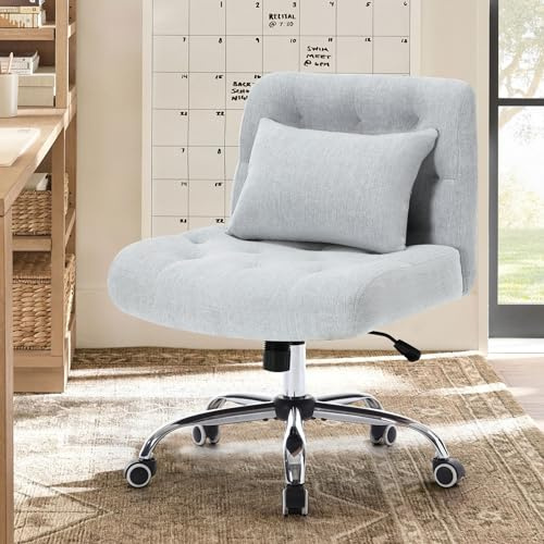 WOLMICS Schneidersitz Stuhl,Schreibtischstuhl mit Lendenkissen,Criss Cross Chair für Mädchen, Bürostuhl ohne Armlehnen aus Linen,Schminkstuhl 160KG Belastbarkeit,Drehstuhl für Schlafzimmer