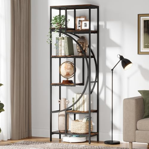 Celaform Geometric Bookshelf, 70.9 Tall Bookcase with 7-Shelf Open Shelves, Wood Metal Book Shelf Display Rack Storage Shelving Unit for Office, Bedroom, Living Room, Easy Assembly, Rustic Brown