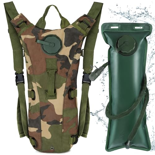 Neloheac Tattico Zaino Idratazione con Sacca Acqua 3L, Impermeabile Zaino Acqua Donna Uomo Leggero per Running Trekking Bicicletta MTB Militare Moto Ciclismo, Mimetizzazione