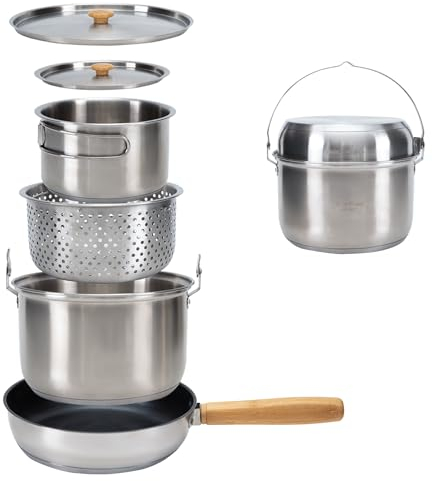 KingCamp Camping Kochset mit undichter Korb,Camping Kochgeschirr aus Edelstahl,Antihaftbeschichtete Pfanne,Camping TöpfeSet für Camping, Wandern, Picknick Excluding Wasserkessel