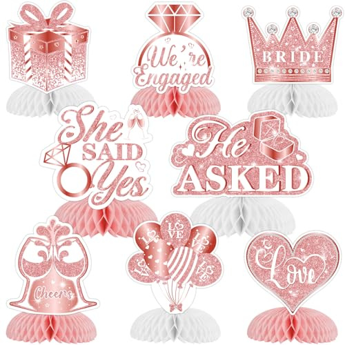 Engagement Party Table Decorations Rose Gold - 8pcs We’re Engaged Honeycomb Centerpieces, Engagement Table Decorations Centerpieces for He Asked She Said Yes Engagement Bridal Shower Decorations