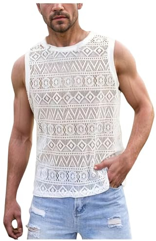 WAZHAKU Canottiera trasparente da uomo a rete camicie a maglia traforata tinta unita girocollo senza maniche comoda stretch traspirante maglia da uomo abbigliamento doccia