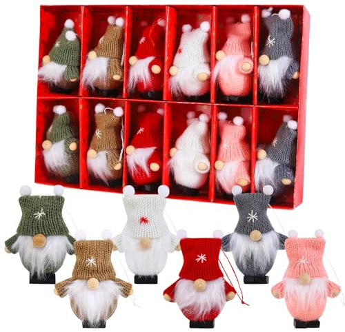Anstore Weihnachtsdeko Wichtel Figuren Klein Christbaumschmuck, 12 Stück Strick Plüsch Baumanhänger Weihnachtsanhänger, 9.5cm Handgemachte Weihnachtsbaumschmuck Weihnachtswichtel für Weihnachten Deko