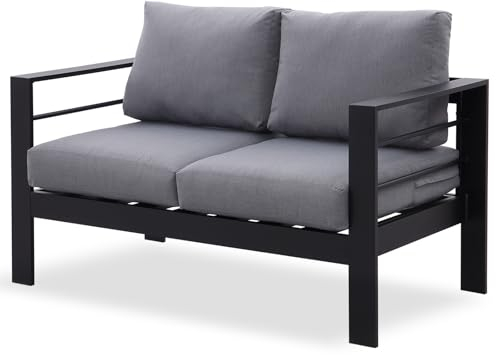 LANOX Gartensofa Gartenmöbel Set 2 Sitzer aus Aluminum,128×65×66 cm, inkl. Sitz- und Rückenkissen, Wetterfest Outdoor Sofa für Balkon Terrasse Garten, Schwarz