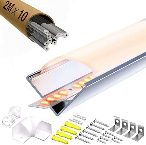 LASLUX Perfil de Aluminio para Tira LED 1m (Paquete de 10) – Canal en V con Difusor, Tapas Finales, Clips de Montaje y Tornillos