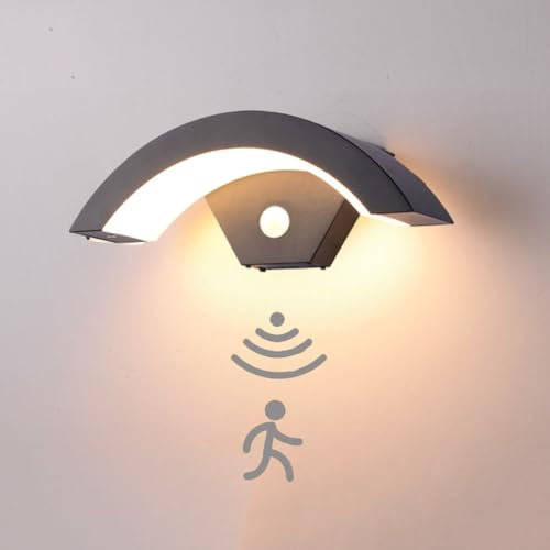 LOGT LED Schwarz Wand Sensorlampe Aussen 18W Wasserdicht IP65 Wandlampe mit Bewegungsmelder Wandleuchte aus Aluminium LED Panel Gebogenes Wandbeleuchtung Terrasse Flur Treppenhaus Garage,24W