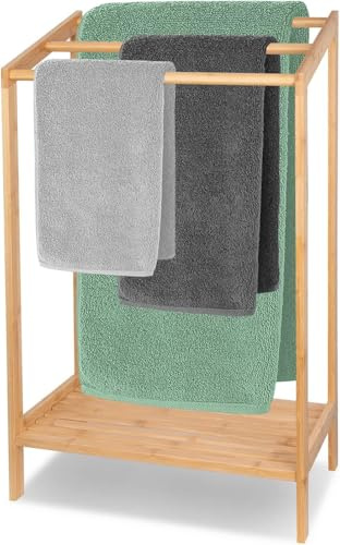 FoverOne Bambus-Handtuchhalter für Badezimmer, 3 Etagen, freistehend, mit Bodenablage für Handtücher, Waschlappen, Badutensilien und mehr