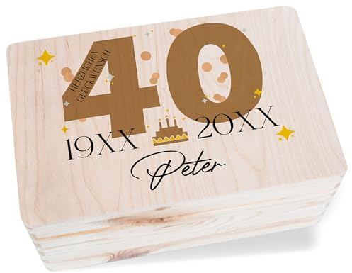 Erinnerungsbox - Holzkiste zum 40. Geburtstag Geschenkbox mit Namen für Männer & Frauen | Zum 40ten Geldgeschenke | Geschenkverpackung 40er Geburtstag - 30x20x14 cm - Holz - geburtstagsbox 40