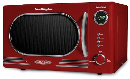 Nostalgia Retro Countertop Microwave Oven - 1.1 Cu Ft & 1000 Watt Power- Easy to Clean with Removable Glass Turntable - Child Safety Lock - 12 Programs - Digital Clock - Red