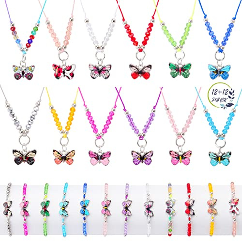 NZZVNZ 24 PCS Girls Bracelets and Necklace Set, Butterfly Friendship Bracelets Necklace Adjustable Beaded Bracelets Kids Necklaces Bracelets for Girls Birthday Party Favors