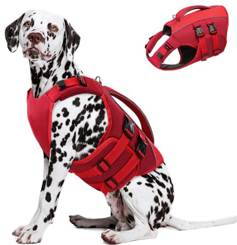 Queenmore Hundeschwimmweste, Schwimmweste für extra große Hunde, reflektierende Hunde-Schwimmjacke, überlegener Auftrieb, hochschwimmende Haustier-Schwimmweste zum Schwimmen (Rot, XL)