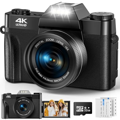 BVSWSDP 4K 56MP Digital Camera with 16x Digital Zoom, 180° Flip Screen, 3.0 Inch LCD, Auto Focus, 32GB SD Card, 2 Batteries - Black