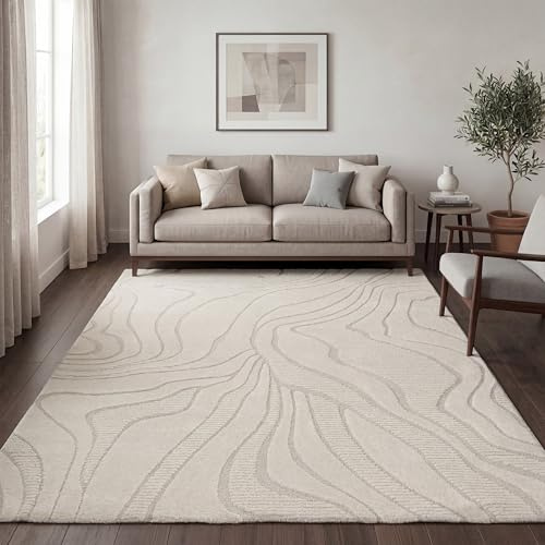 Paco Home Tapis de Salon Moderne Tapis à Poils Courts Scandinave Style Japandi Panglao Unicolore Effet de Profondeur Motif Abstrait Effet 3D Velours Doux Crème, Dimension:200x280 cm