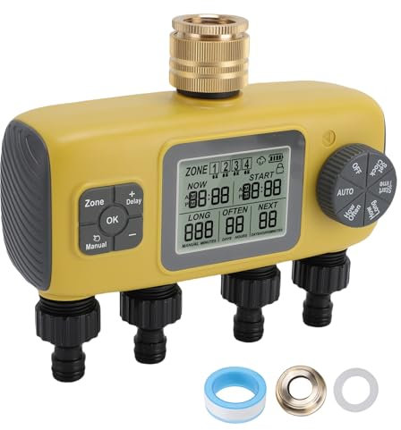 4 Zone Sprinkler Timer, Programmierbares Automatisches Bewässerungs Controller System mit 3/4 Zoll Messingeinlass, Regenverzögerung, 4 Outlets Schlauch Timer Wassertimer