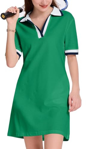WOWULOVELY Polo Dress for Women V Neck Casual Short Sleeve Mini Shirt Dress Flowy Contrast Color Golf Tennis A Line Dresses(Green-M)