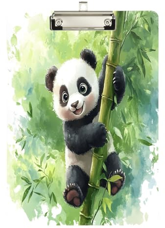 Quteprint Planchette à pince en acrylique et bambou - Motif panda mignon - 22,9 x 31,8 cm - Résistante aux rayures - Clip en métal argenté et crochet mural - 0,6 cm d'épaisseur - Pour bureau, salle de