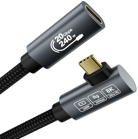 EUDOBEL 4K Alargador USB C 3m (Extensión USB Tipo C 3.2 20Gbps, PD 3.1 240W 5A, Ángulo de 90 grados) Video 8K@60Hz USB C Extension Cable para Thunderbolt 4, PSVR2, iPhone 17/16, iPad, MacBook, Switch
