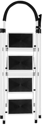 Escabeau Pliable en 4 Marches, Échelle Antidérapante avec Poignée, Robuste et Large Pédale, Multi-Usage pour Ménage et Bureau, Charge jusqu'à 150KG-133 x 74 x 39 cm - 4 marches (Blanc)