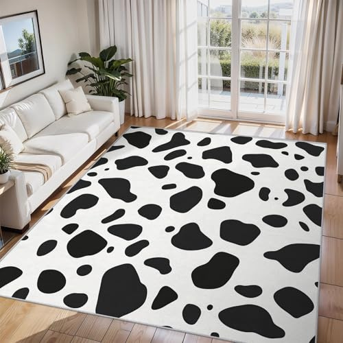 Generisch Teppich Wohnzimmer Kuhfell, Teppich Schwarz Weiß für Schlafzimmer 140 x 200 cm, Weicher Waschbarer Antirutsch Kurzflor Dekoration Carpet P-&31