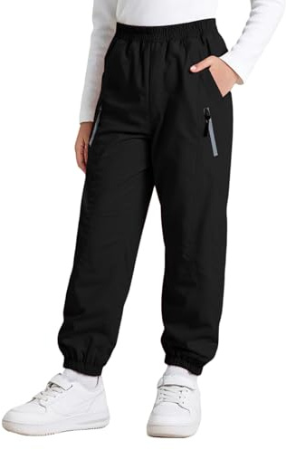 Hoseay Pantaloni Trekking Impermeabili Bambini, Antivento Pantalone Pioggia Outdoor con Strisce Riflettenti, Traspiranti Fodera a Rete Pantaloni da Jogging per Ragazzi 10-11 Anni, Nero