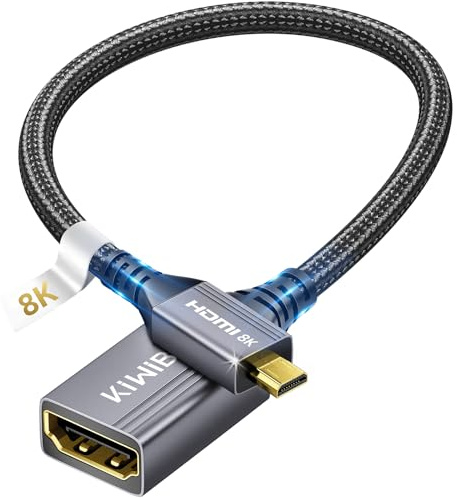 KiwiBird Adaptateur Micro HDMI vers HDMI, mâle vers femelle HDMI2.1 8K@60Hz | 4K@120Hz 2160p 1440p 1080p 3D, compatible avec Raspberry Pi 5 4 GoPro Hero ordinateur portable moniteur projecteur