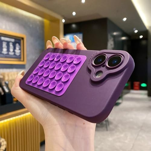YVWUNH Custodia in silicone morbido con ventosa creativa e carina per iPhone 17 16 15 14 Plus 13 12 Mini 11 Pro Max, supporto per selfie, custodia divertente, viola scuro, per iPhone 15 Pro
