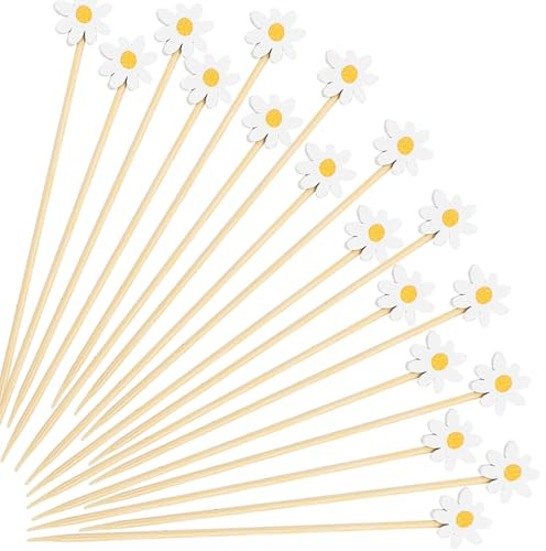 Gleevio 100 Stück Blumen Cocktailspieße,Gänseblümchen Spieße Fingerfood,Cocktail Zahnstocher Holzspieße,14cm Blumen Cocktail Deko Käsespieße Partyspieße,Cocktail Sticks Obstspieße Burger Spieße
