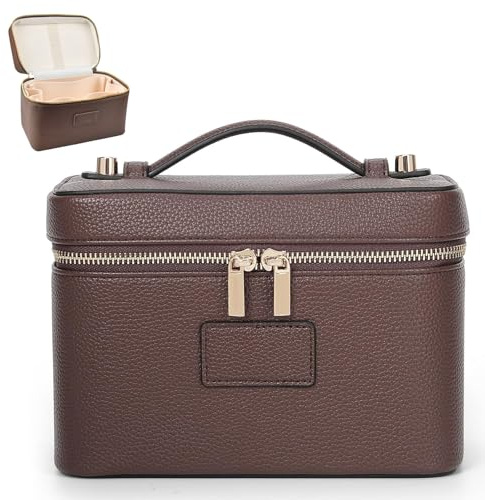 Kosmetiktasche Groß, Make Up Tasche, Kosmetikkoffer Hartschale Damen, wasserdichte Schminktasche, Travel Makeup Bag, Braun Leder Kosmetiktasche mit Fächern und Griff