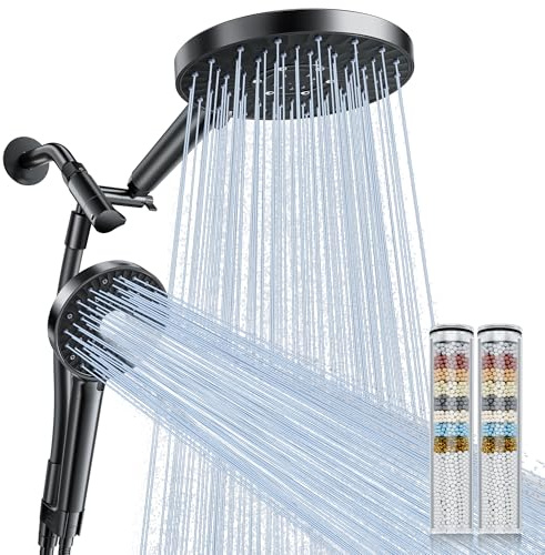 Magichome Rain/Rainfall Shower Head Filtered Handheld Combo with Large Arm, High Pressure 10 Spray Modes, Stainless Steel Hose, Water Softener Beads for Hard Water & Chlorine Removal, Matte Black