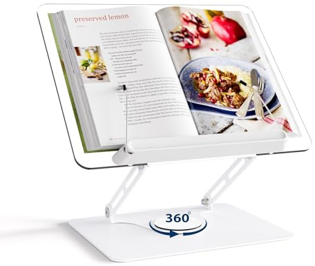HAUTOCO Verstellbarer Acryl-Buchständer zum Lesen, 360° drehbarer Sockel, klappbarer Tischbuchhalter mit elastischen Seitenklammern, freihändiger Kochbuchständer für Laptop, Tablet, Buchhalter, Noten