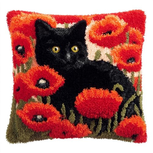 Henypt Kissenbezug Knüpfset, Katze im Blumenbusch Knüpfkissen Set,DIY Knüpfteppich Knüpfpackung,Kreuzstich Knüpfkissen Zum Selber knüpfen Kissen Set,17x17in