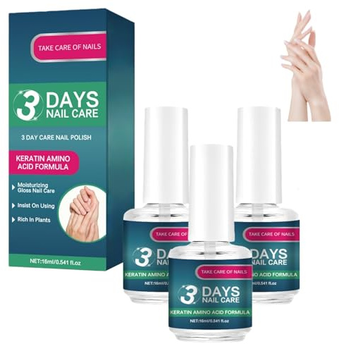 Soin Ongles 3 Jours à la Kératine et Acides Aminés, Vernis Soin et Huile Fortifiante Hydratante, Nutrition des Cuticules pour Ongles Secs et Fragiles, 16 ml (3 pcs)