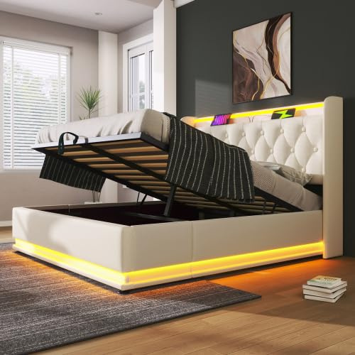 Merax Upholstered Double Ottoman Bed 135x190cm with 360° Surround LED Lighting, USB & Type-C Charging, Hydraulic Storage Bed Frame, 4ft6 Double Bed Frame with Large Storage Space, PU White