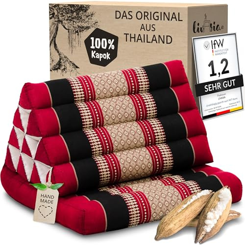 livasia Coussins thaï à 1 Bloc - 75x50x8cm - Coussin Triangulaire avec Coussin d’Assise, Coussin en biseau en kapok, Coussin de Soutien Dorsal Pliable, Tapis thaï Pliable, Fait Main (Rouge/Noir)