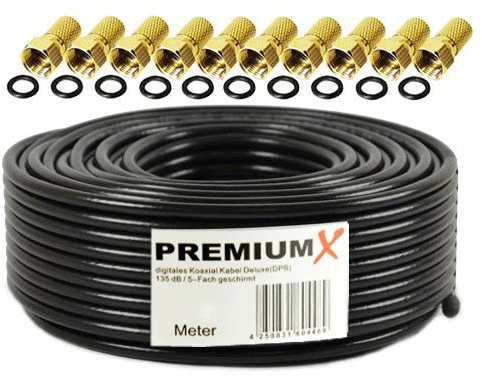 PremiumX 50m DELUXE PRO Koaxial Kabel Schwarz 135dB 5-Fach geschirmt reines Kupfer SAT Antennenkabel 10x F-Stecker