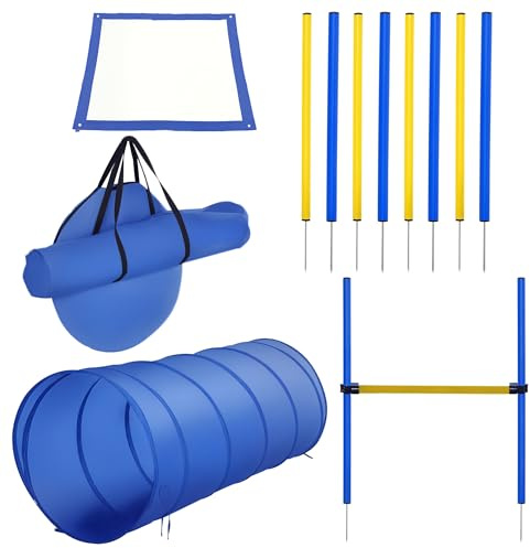 Set de Entrenamiento de Agilidad para Perros Obstáculos de Salto con Altura Ajustable Túnel para perros para Exteriores con Bolsa de Transporte 60x60x148 cm Azul y Amarillo