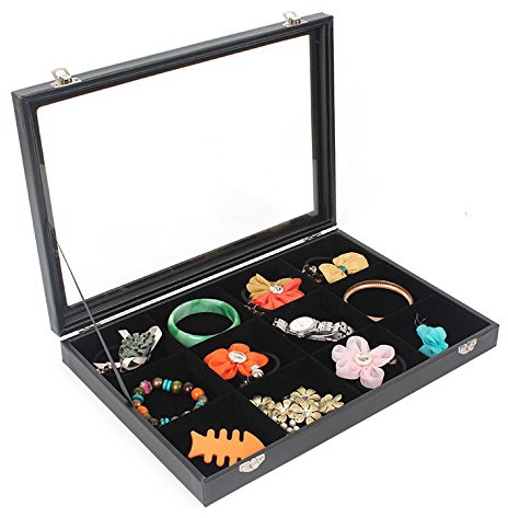 Sinoba Schmucklade Schmuckkasten Schaukasten Schmuckdisplay mit Glasdeckel (12 Fächer) | Schmuckdisplay mit Glasdeckel und samtigen Fächern. Stapelbar für Ringe, Ohrringe, Ketten und Kleinschmuck