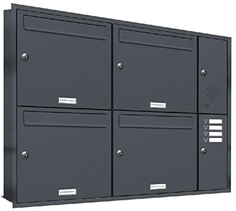 AL Briefkastensysteme, 4er Unterputzbriefkasten mit Klingel in Anthrazit Grau RAL 7016, 4 Fach wetterfeste Briefkastenanlage Design modern
