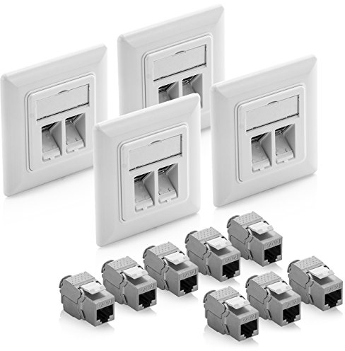 deleyCON 4x Prises Réseau RJ45 Encastrables 10 Gbit/s Keystone (4x Boîtiers + 8x Keystones) - Prise RJ45 Cat6a - pour Câbles Cat6/Cat7 Gigabit - Entièrement Blindé - Blanc