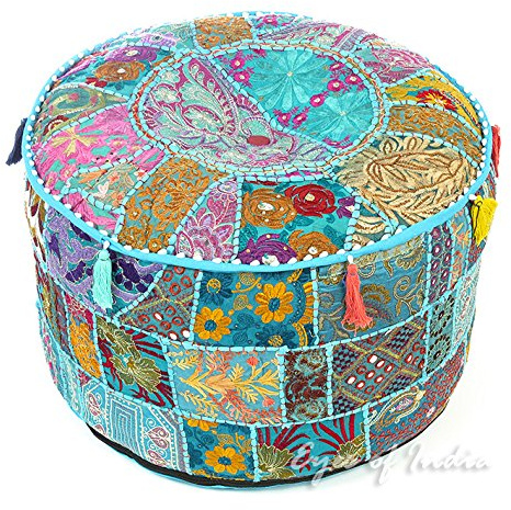 Eyes of India - 22 X 12 Blue Patchwork Round Ottoman Pouf Pouffe Cover Floor Seating Bohemian Accent Boho Chic Indian Handmade