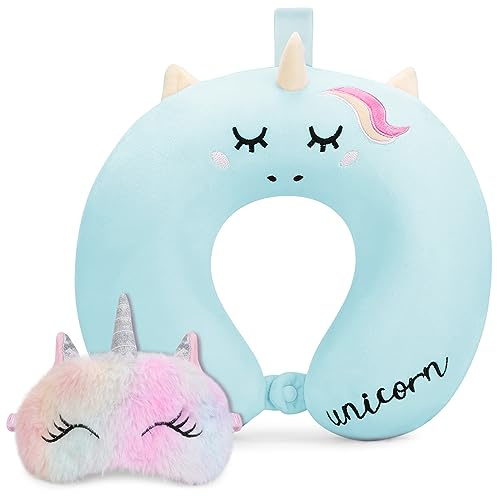 Toddler Neck Pillow, Kids Travel Neck Pillow for Traveling with Eye Mask, Toddler Cute Unicorn Airplane Travel Essentials, Memory Foam Car Flight Sleeping Headrest for Baby Boy Girl Child Gift (Blue)