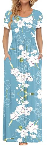AUSELILY Maxi Dress for Women - Summer Casual Long Dresses for Ladies with Pockets L Floral Light Blue