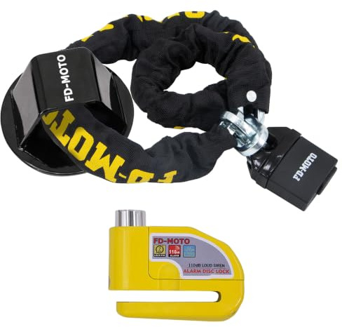 FD-Moto Chain Lock + Yellow Alarm Brake Disc Lock + Ground Anchor (2 Bolts) | 1.2M*10mm Black/Yellow Steel Heavy Duty for Motorbike Motorcycle Scooter Bike Bicycle