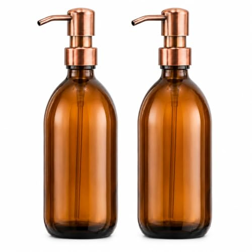 Amber Glass Bottles 500ml Soap Dispenser with Metal Pump (BPA-Free) Brown Glass Empty Soap Dispensers – Reusable Refillable Eco friendly, Sustainable Living/Gift (Antique Copper-Style, 2)