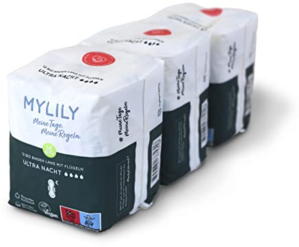 MYLILY® Damen Binden Bio Nacht (3x12 Stück) I 100% Bio-Baumwolle | ohne Duftstoffe | Atmungsaktiv | Menstruation | starke Blutung | Binden mit Flügel I Organic
